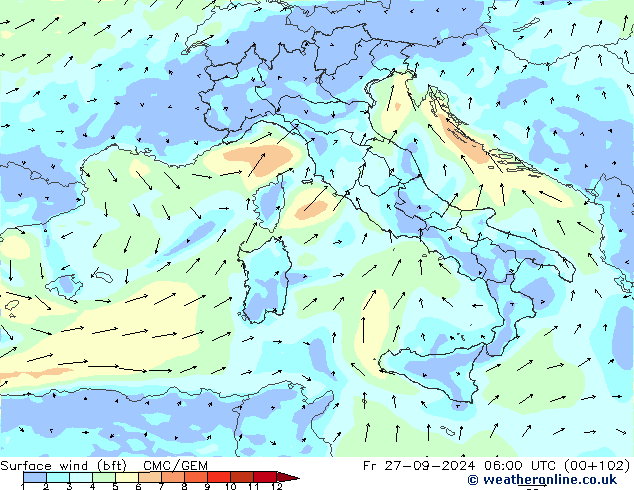 Surface wind (bft) CMC/GEM Fr 27.09.2024 06 UTC