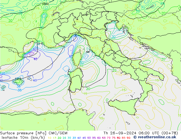 Isotachen (km/h) CMC/GEM do 26.09.2024 06 UTC