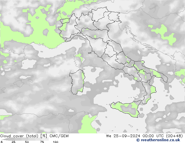 zachmurzenie (suma) CMC/GEM śro. 25.09.2024 00 UTC