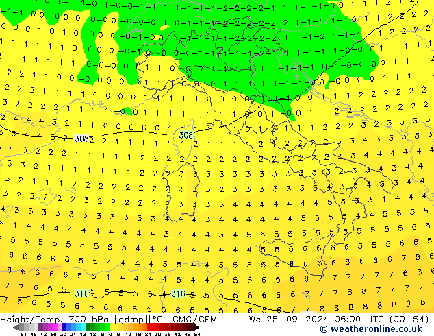 Height/Temp. 700 hPa CMC/GEM We 25.09.2024 06 UTC