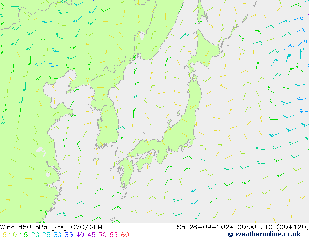 ветер 850 гПа CMC/GEM сб 28.09.2024 00 UTC