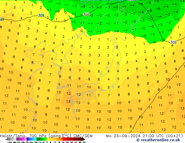 Height/Temp. 700 hPa CMC/GEM Mo 23.09.2024 21 UTC