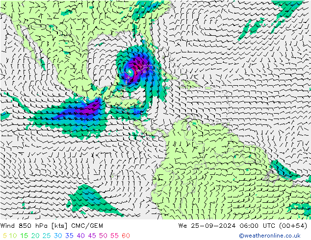 Viento 850 hPa CMC/GEM mié 25.09.2024 06 UTC