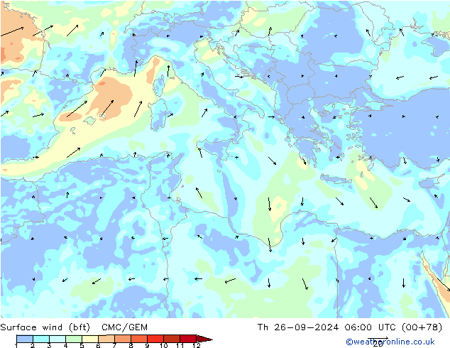 Surface wind (bft) CMC/GEM Th 26.09.2024 06 UTC