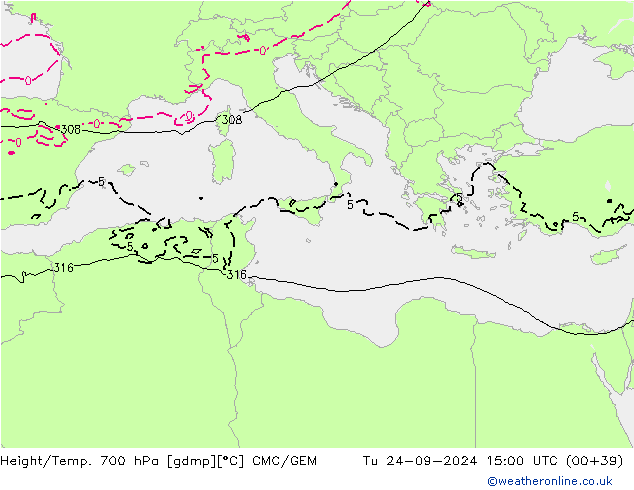 Height/Temp. 700 гПа CMC/GEM вт 24.09.2024 15 UTC