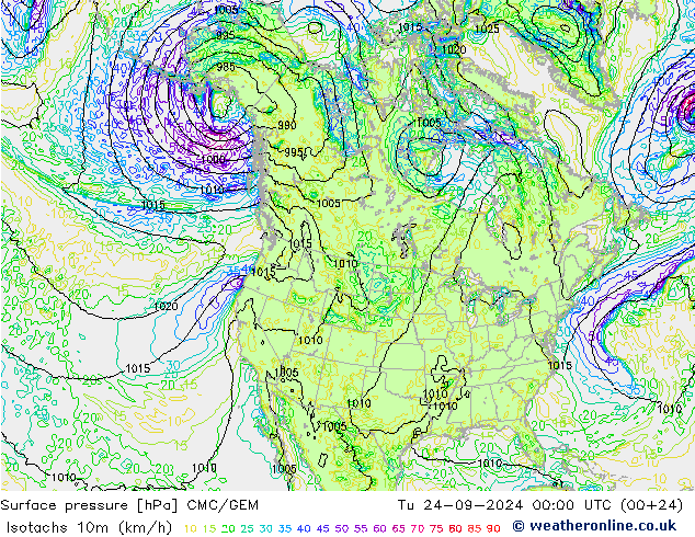 Izotacha (km/godz) CMC/GEM wto. 24.09.2024 00 UTC