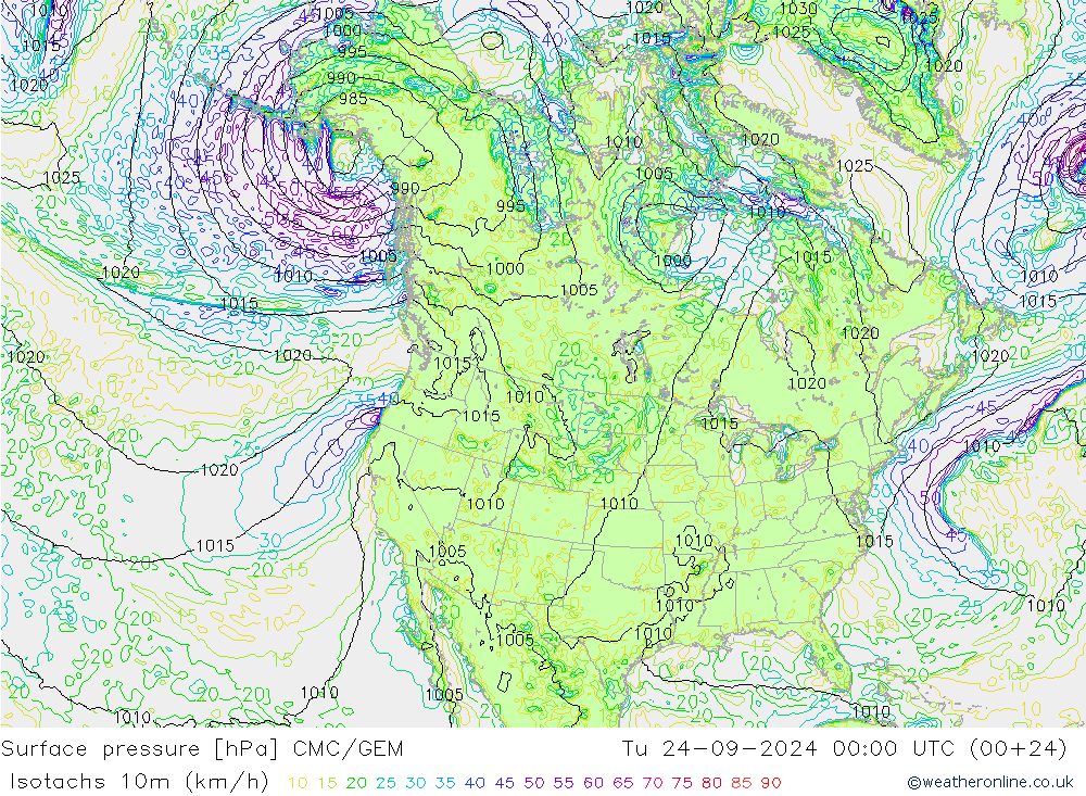 Isotachs (kph) CMC/GEM Tu 24.09.2024 00 UTC