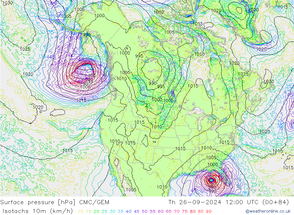 Isotachs (kph) CMC/GEM Qui 26.09.2024 12 UTC