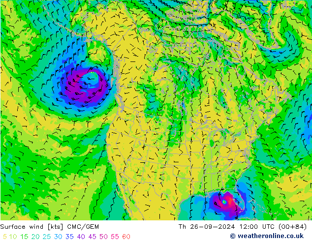 wiatr 10 m CMC/GEM czw. 26.09.2024 12 UTC