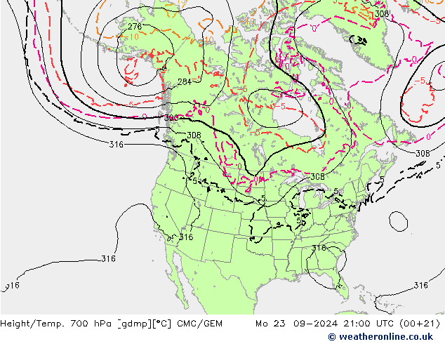 Height/Temp. 700 hPa CMC/GEM Seg 23.09.2024 21 UTC