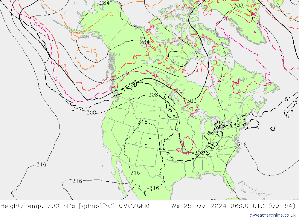 Geop./Temp. 700 hPa CMC/GEM mié 25.09.2024 06 UTC