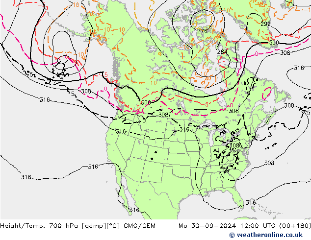 Height/Temp. 700 hPa CMC/GEM Seg 30.09.2024 12 UTC