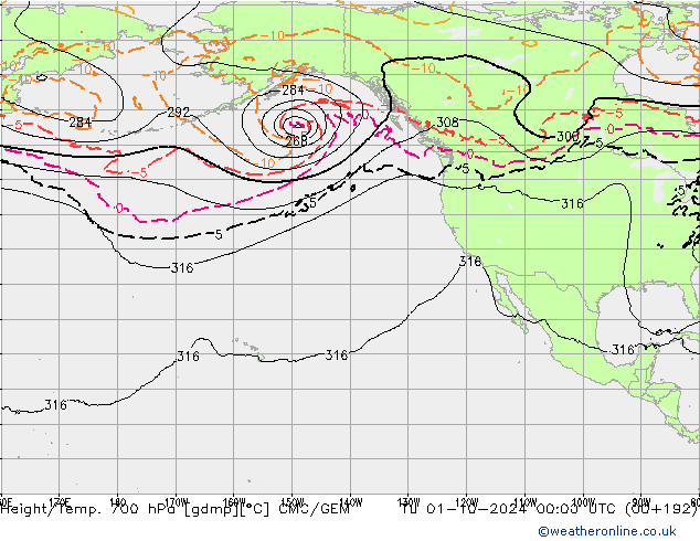 Height/Temp. 700 hPa CMC/GEM Út 01.10.2024 00 UTC