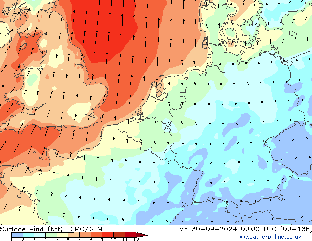 Surface wind (bft) CMC/GEM Mo 30.09.2024 00 UTC