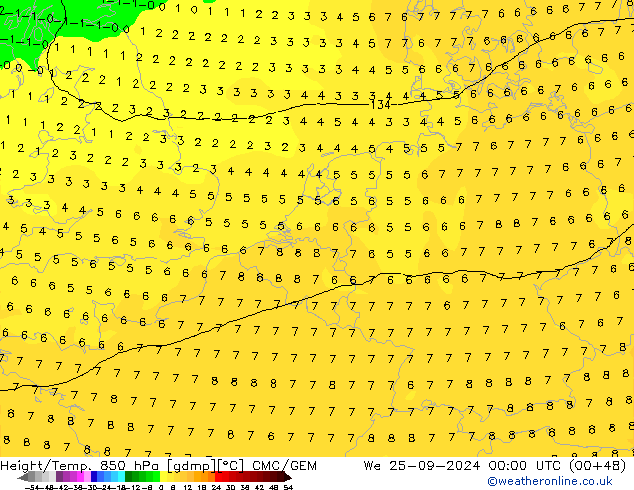 Geop./Temp. 850 hPa CMC/GEM mié 25.09.2024 00 UTC