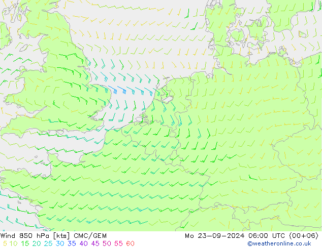 wiatr 850 hPa CMC/GEM pon. 23.09.2024 06 UTC