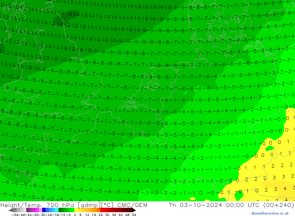 Height/Temp. 700 hPa CMC/GEM czw. 03.10.2024 00 UTC