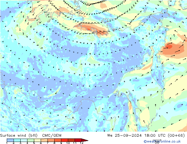 Rüzgar 10 m (bft) CMC/GEM Çar 25.09.2024 18 UTC