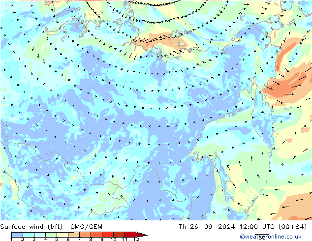 Surface wind (bft) CMC/GEM Th 26.09.2024 12 UTC