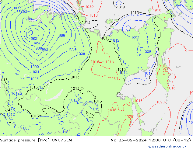 Atmosférický tlak CMC/GEM Po 23.09.2024 12 UTC