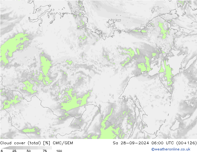 Cloud cover (total) CMC/GEM So 28.09.2024 06 UTC