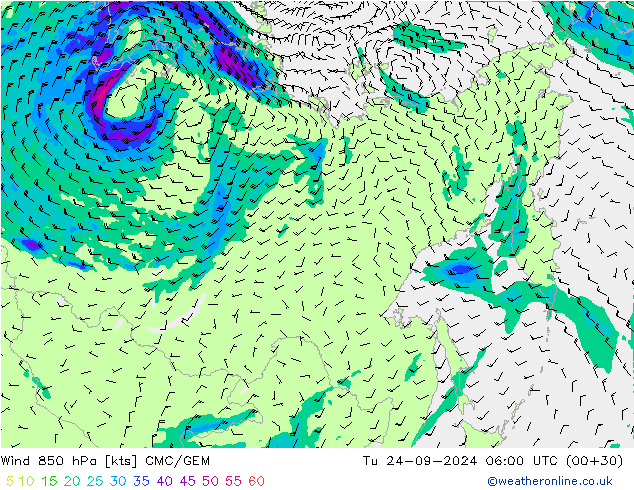 Vento 850 hPa CMC/GEM Ter 24.09.2024 06 UTC