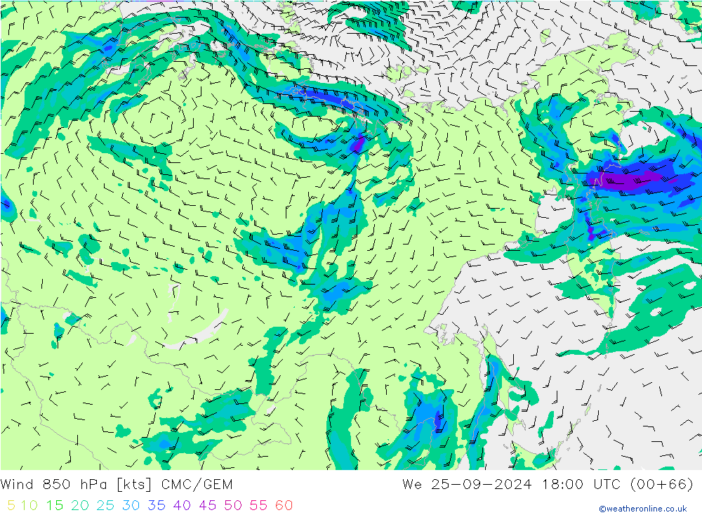 Wind 850 hPa CMC/GEM We 25.09.2024 18 UTC