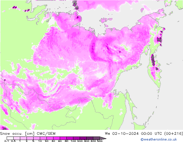 Snow accu. CMC/GEM We 02.10.2024 00 UTC