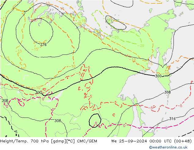 Geop./Temp. 700 hPa CMC/GEM mié 25.09.2024 00 UTC