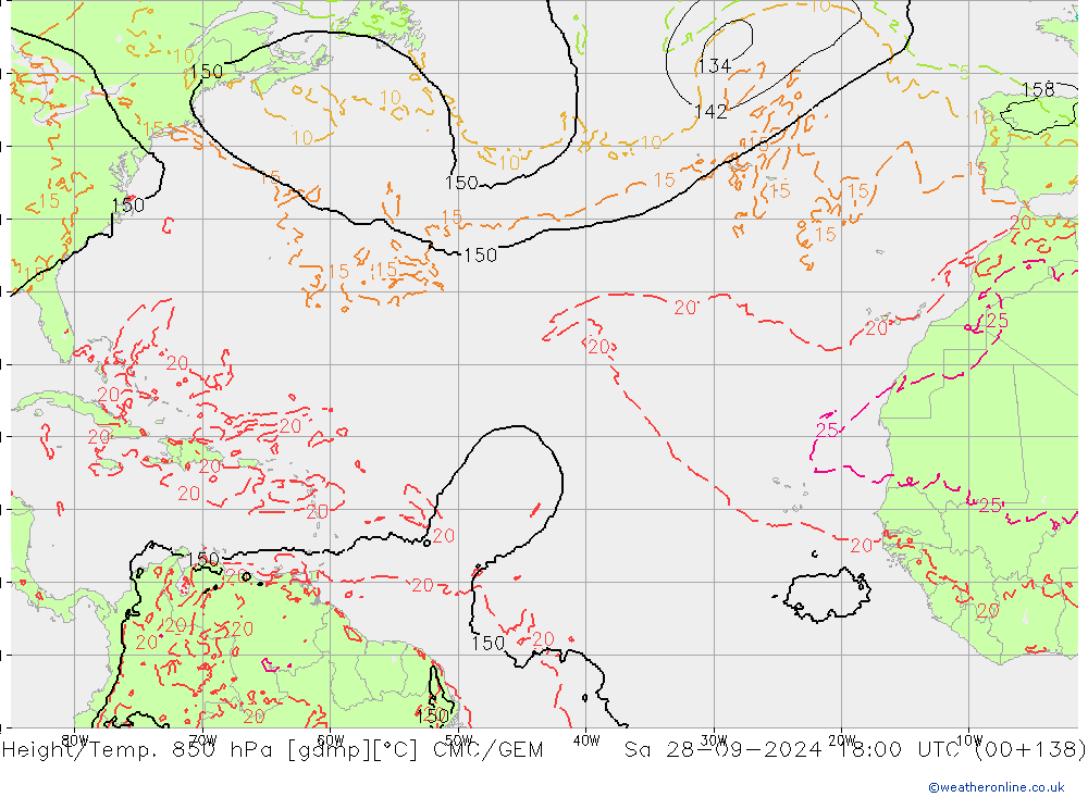 Geop./Temp. 850 hPa CMC/GEM sáb 28.09.2024 18 UTC