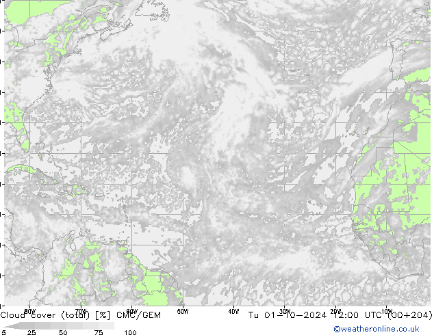 Cloud cover (total) CMC/GEM Tu 01.10.2024 12 UTC