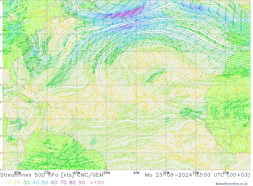 Streamlines 500 hPa CMC/GEM Mo 23.09.2024 03 UTC