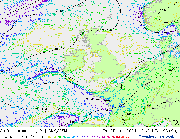 Isotachen (km/h) CMC/GEM Mi 25.09.2024 12 UTC