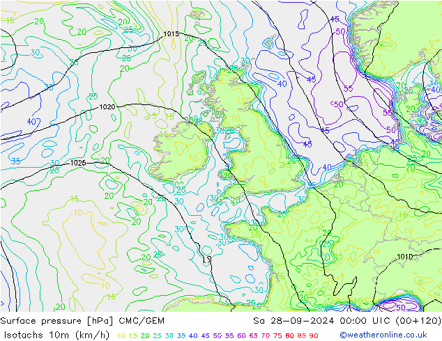 Isotachs (kph) CMC/GEM So 28.09.2024 00 UTC