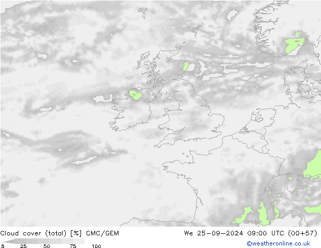 Cloud cover (total) CMC/GEM We 25.09.2024 09 UTC