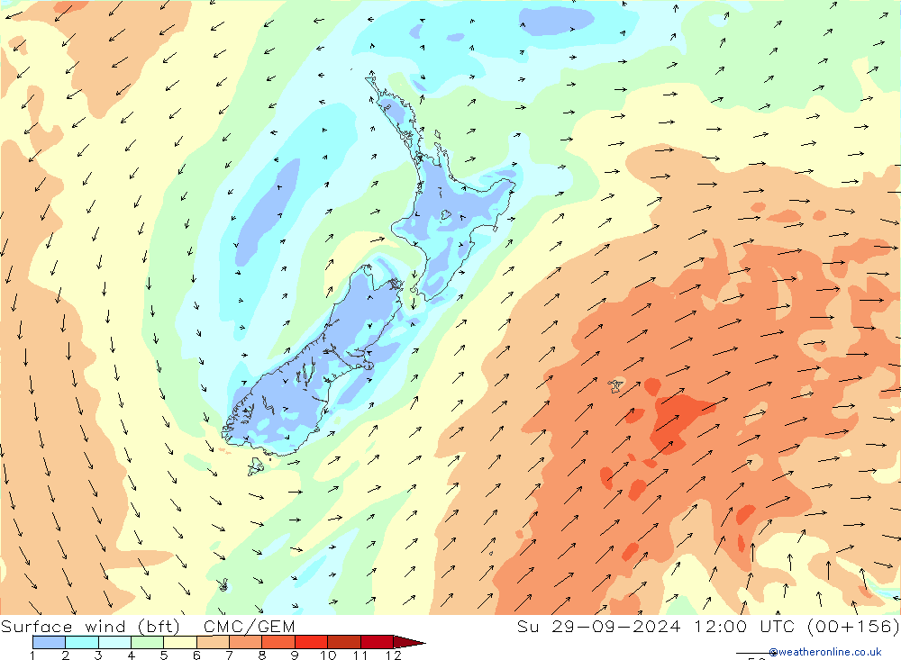 Surface wind (bft) CMC/GEM Ne 29.09.2024 12 UTC