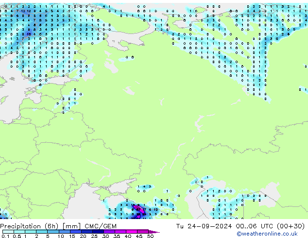 Precipitation (6h) CMC/GEM Út 24.09.2024 06 UTC