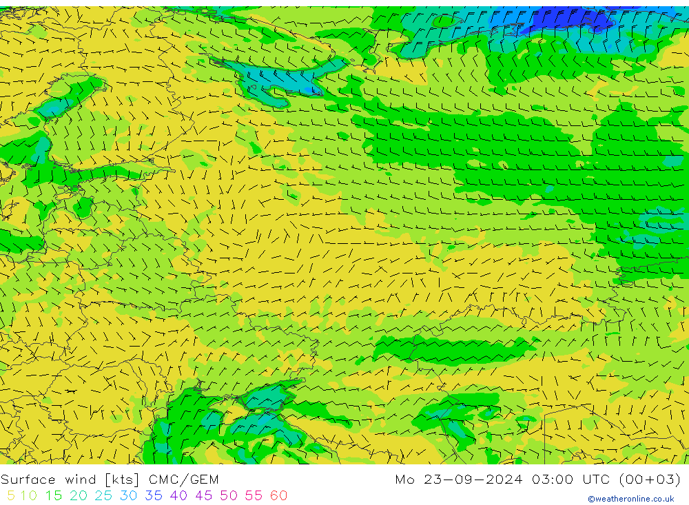 Surface wind CMC/GEM Mo 23.09.2024 03 UTC