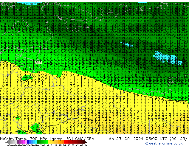 Height/Temp. 700 hPa CMC/GEM Mo 23.09.2024 03 UTC