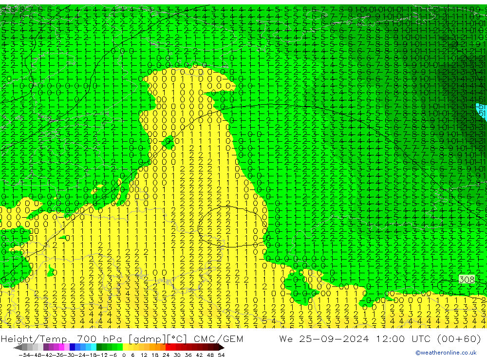 Height/Temp. 700 hPa CMC/GEM We 25.09.2024 12 UTC