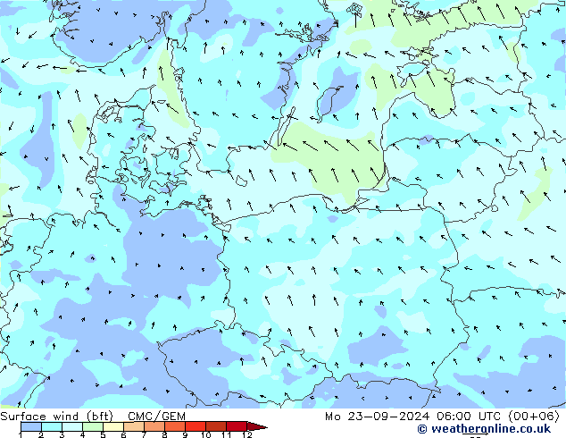 Surface wind (bft) CMC/GEM Po 23.09.2024 06 UTC