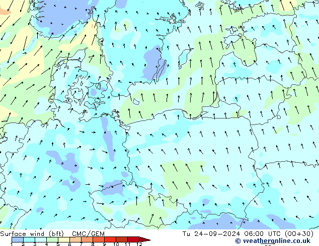 Wind 10 m (bft) CMC/GEM di 24.09.2024 06 UTC