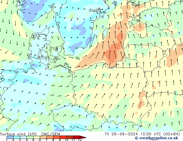 Vento 10 m (bft) CMC/GEM Qui 26.09.2024 12 UTC