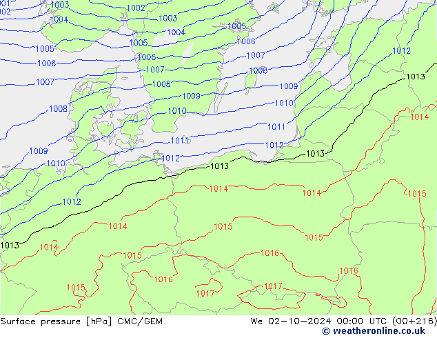 Atmosférický tlak CMC/GEM St 02.10.2024 00 UTC