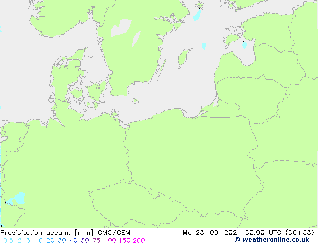 Precipitation accum. CMC/GEM Mo 23.09.2024 03 UTC