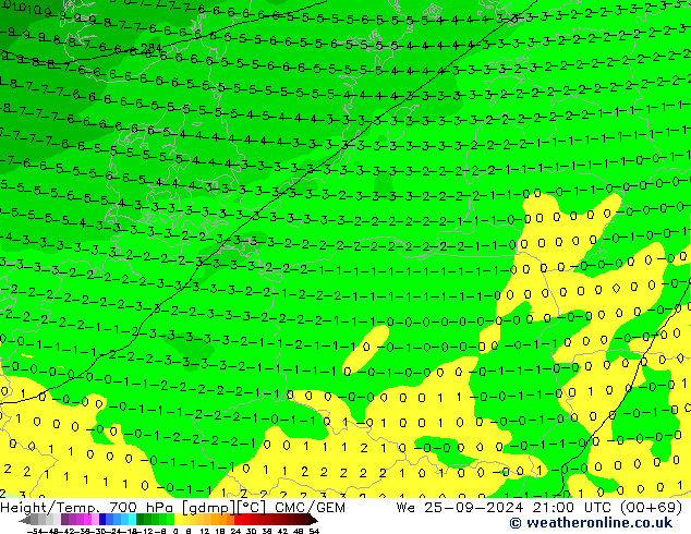 Hoogte/Temp. 700 hPa CMC/GEM wo 25.09.2024 21 UTC