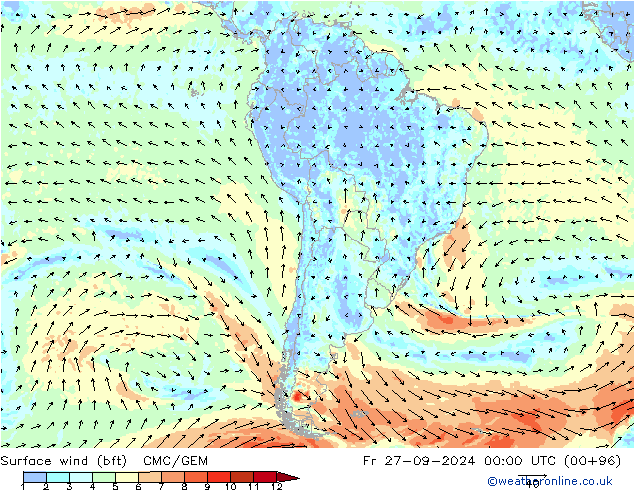 Surface wind (bft) CMC/GEM Fr 27.09.2024 00 UTC