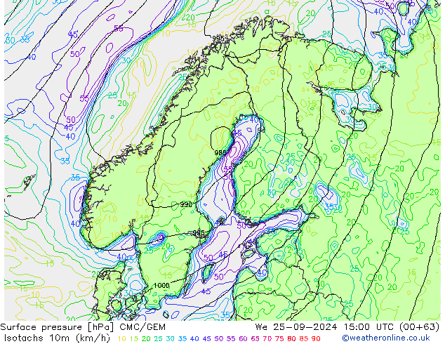 Isotachs (kph) CMC/GEM We 25.09.2024 15 UTC