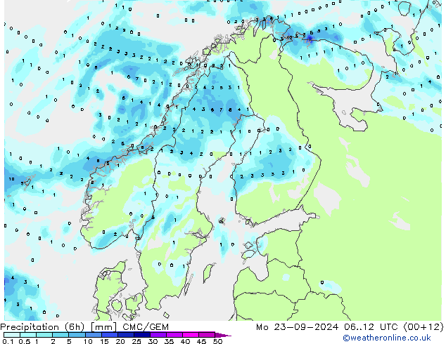 Precipitation (6h) CMC/GEM Po 23.09.2024 12 UTC