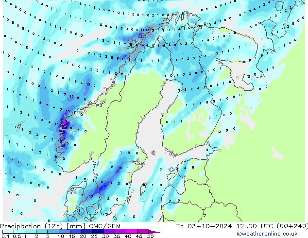 осадки (12h) CMC/GEM чт 03.10.2024 00 UTC
